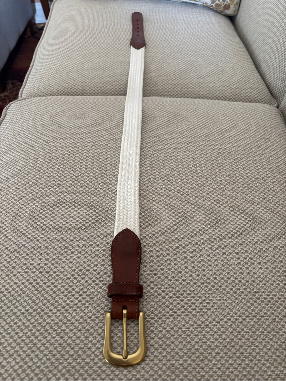 Eddie Bauer White Elastic Belt w/ Brown Leather Trim Solid Brass Buckle Boys Med